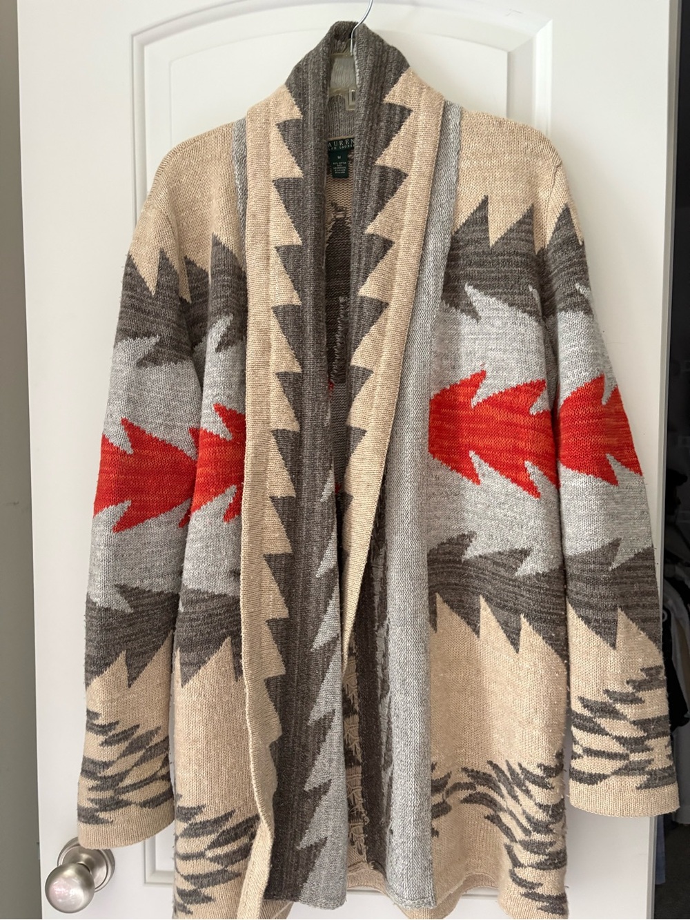 Pendleton Men's Geometric Shawl Collar Cardigan - Beige, Gray & Red Accent